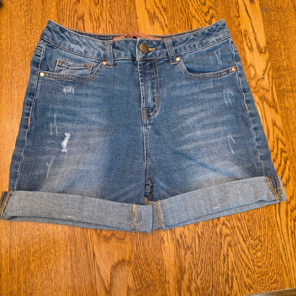 ABS Womens 25 Medium Wash Distressed Cuffed Denim Jean Shorts Blue‎ Mid Rise